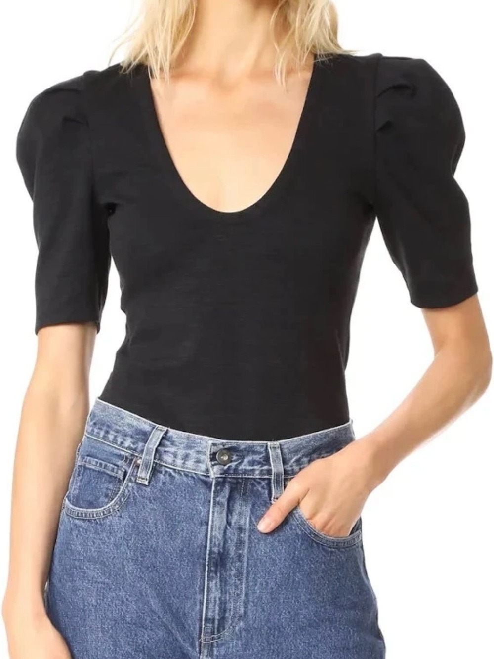 Free People Women’s Black Ellery V Neck Short Puff Sleeve Fitted Stretch Top XS